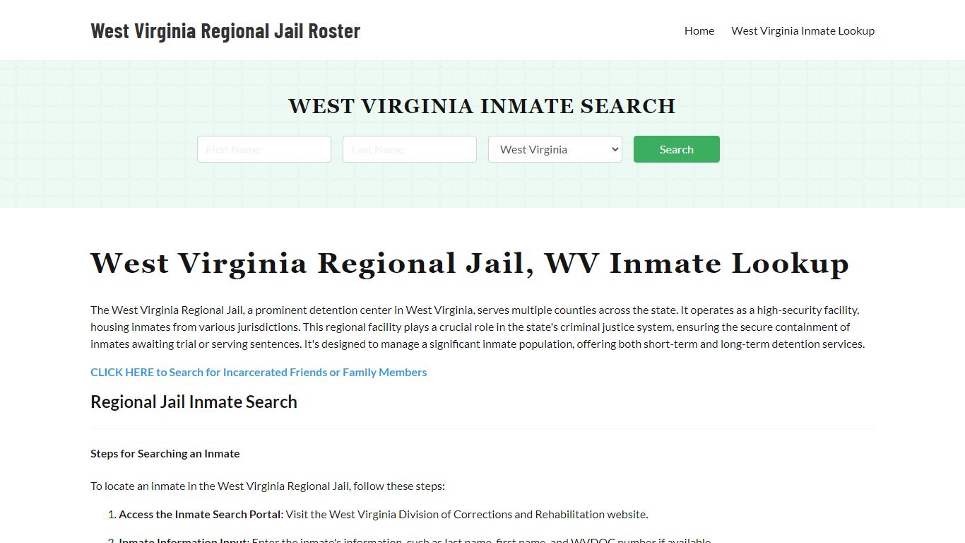 West Virginia Regional Jail, WV Inmate Roster, Offender Search